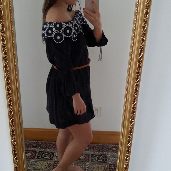 LOFT Off shoulder navy crepe dress XSP - Picture 4 of 7